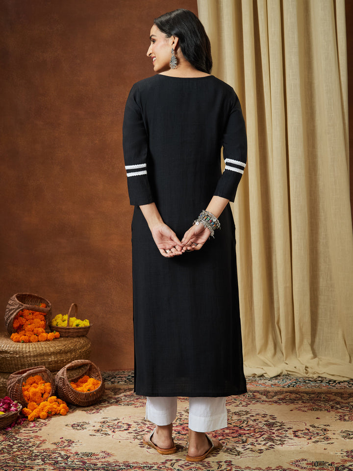 Janasya Women's Black Silk Blend Embroidered Straight Kurta - qivii