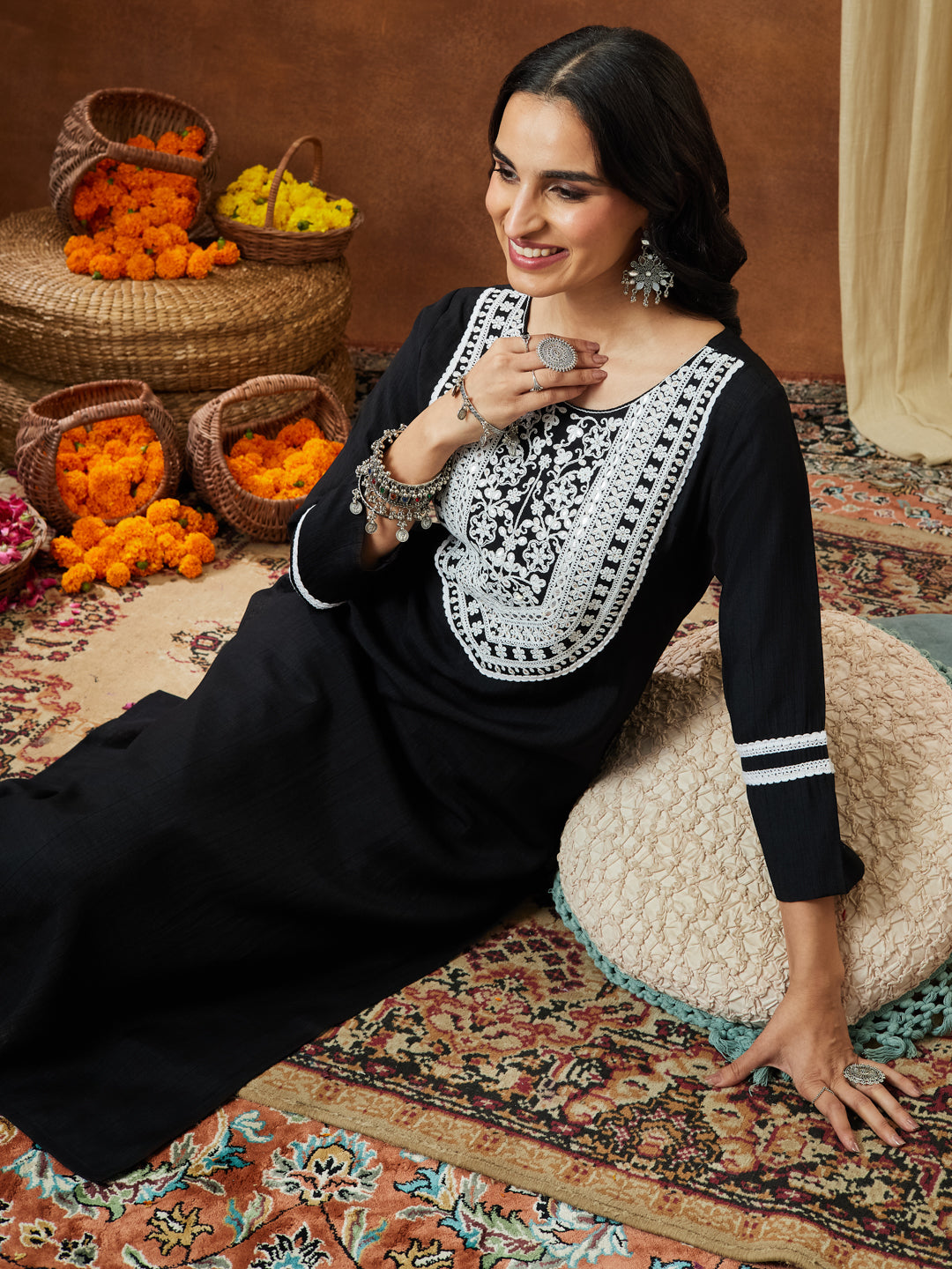 Janasya Women's Black Silk Blend Embroidered Straight Kurta