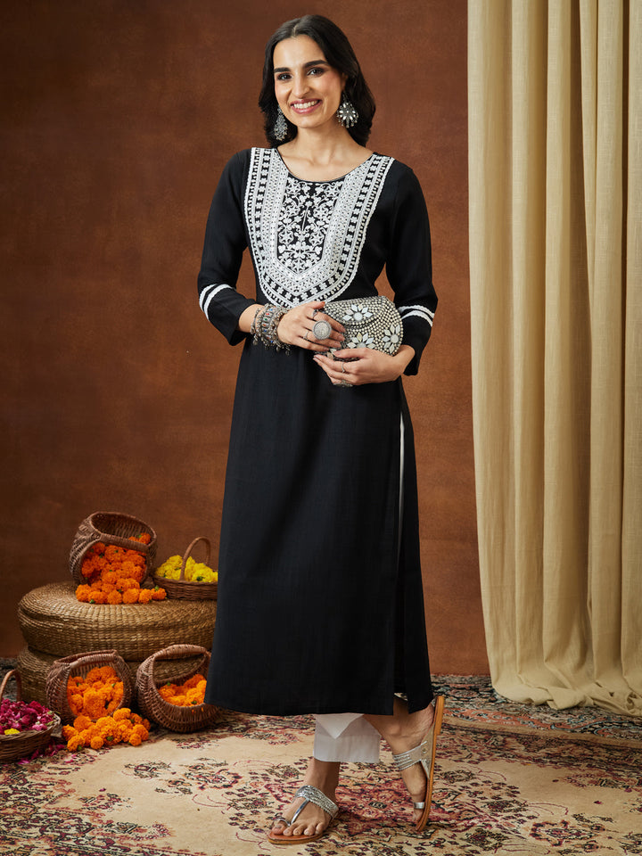 Janasya Women's Black Silk Blend Embroidered Straight Kurta - qivii