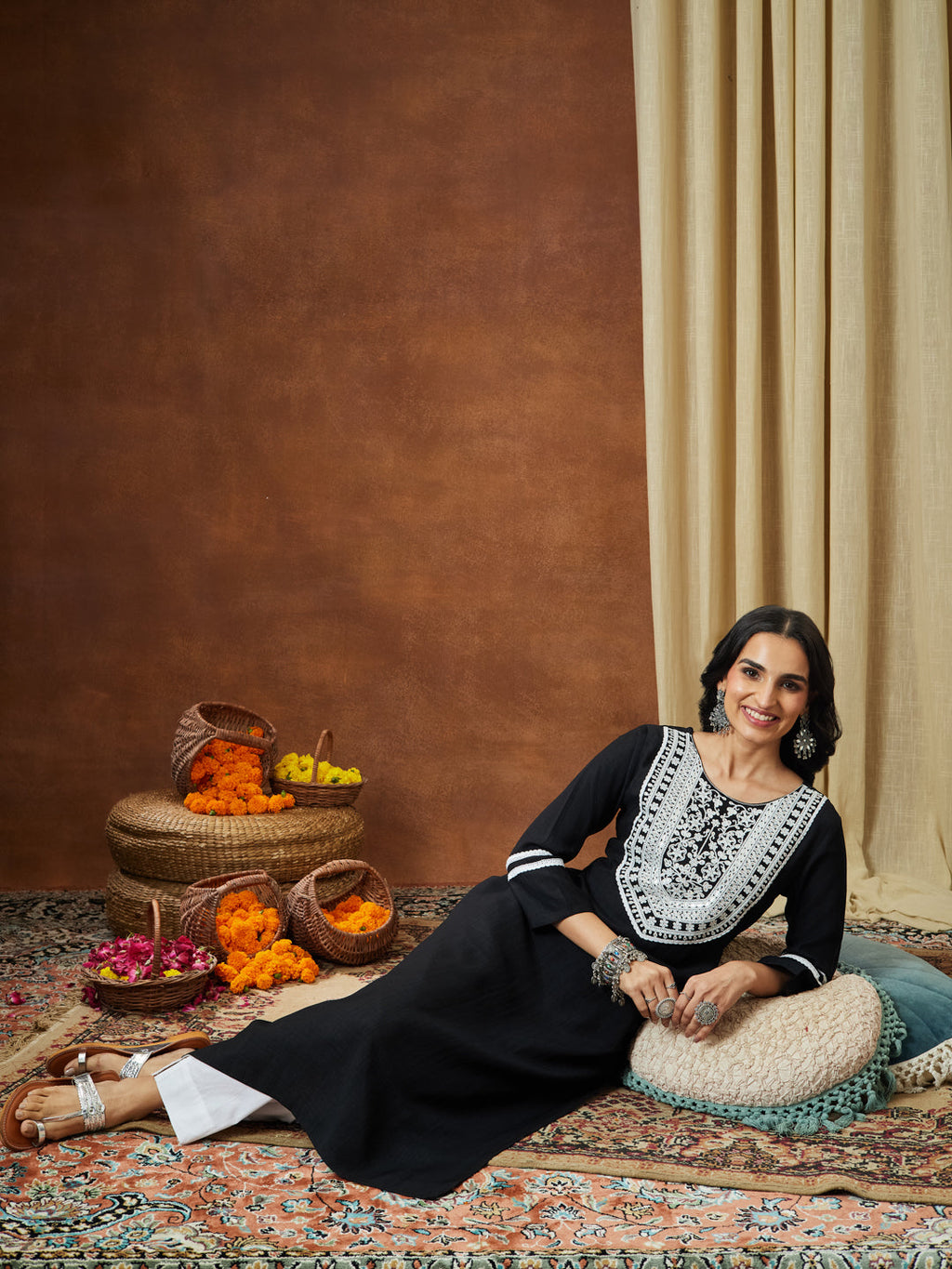 Janasya Women's Black Silk Blend Embroidered Straight Kurta