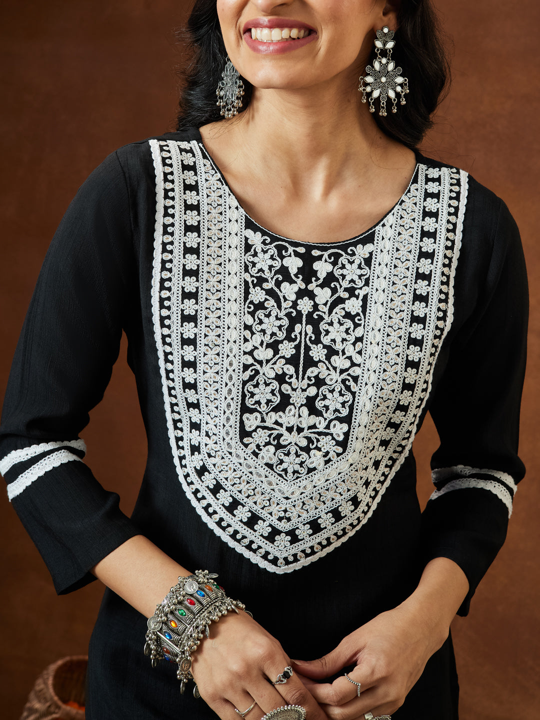 Janasya Women's Black Silk Blend Embroidered Straight Kurta