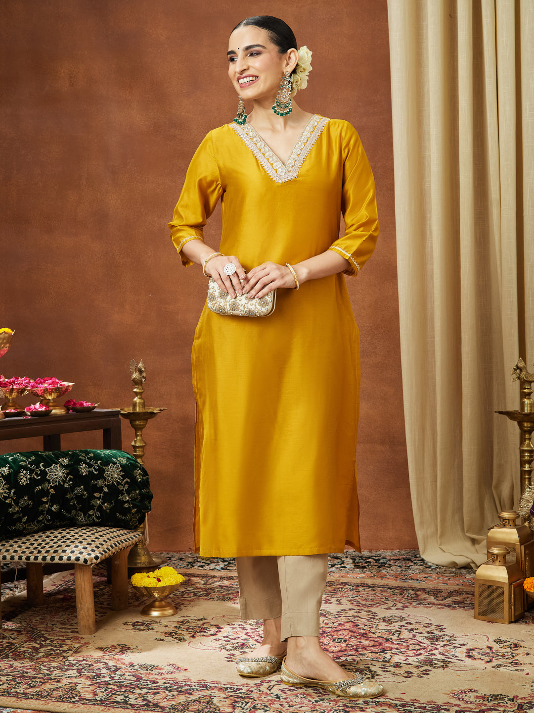 Janasya Women's Mustard Chanderi Silk Embellished Straight Kurta