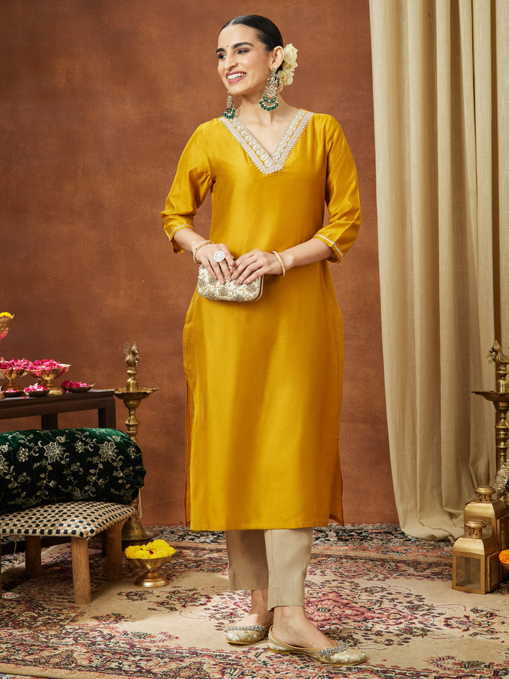 Janasya Women's Mustard Chanderi Silk Embellished Straight Kurta - qivii