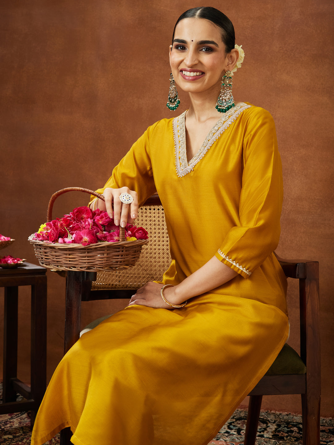 Janasya Women's Mustard Chanderi Silk Embellished Straight Kurta - qivii