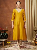 Janasya Women's Mustard Chanderi Silk Embellished Straight Kurta