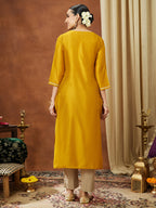 Janasya Women's Mustard Chanderi Silk Embellished Straight Kurta