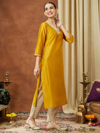 Janasya Women's Mustard Chanderi Silk Embellished Straight Kurta