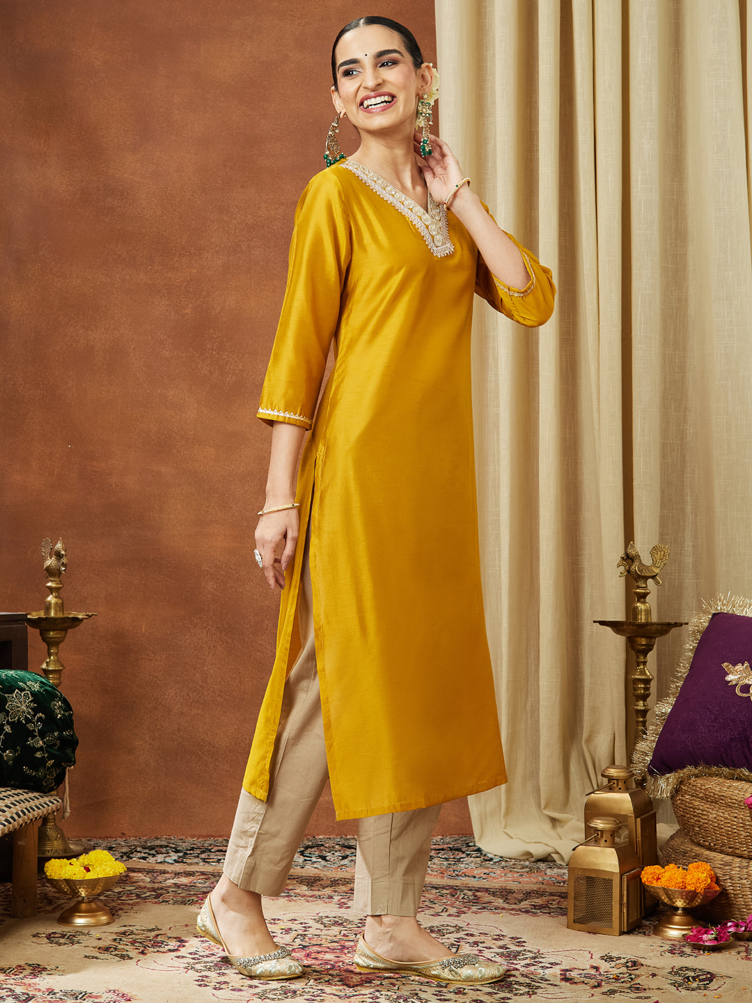 Janasya Women's Mustard Chanderi Silk Embellished Straight Kurta