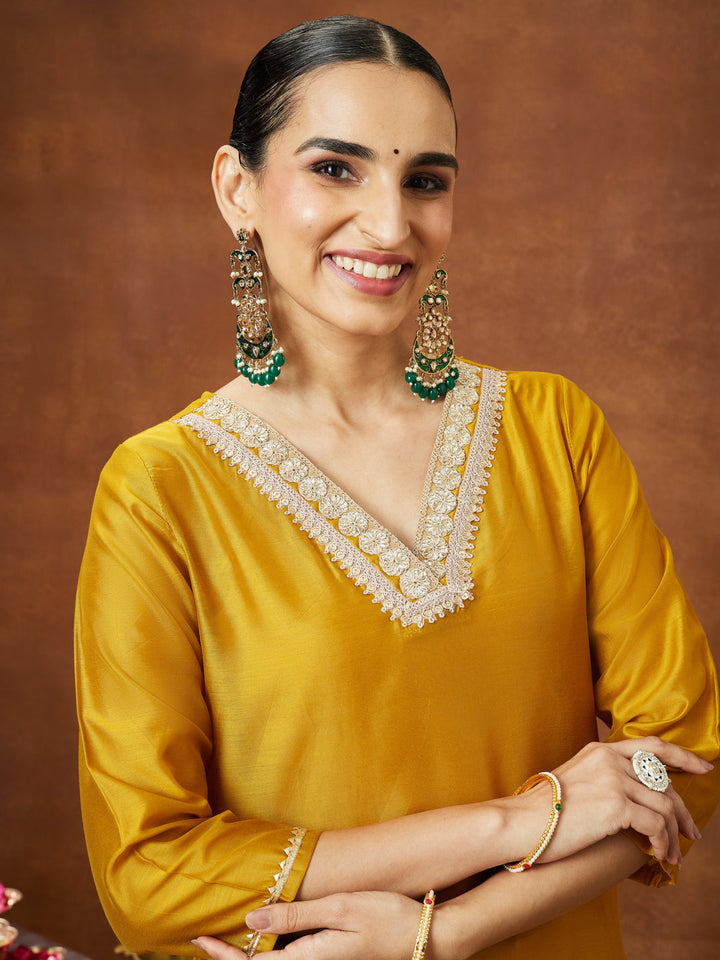 Janasya Women's Mustard Chanderi Silk Embellished Straight Kurta - qivii