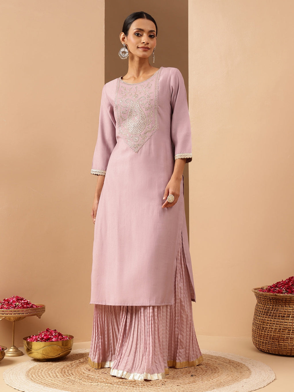 Janasya Women's Lavender Silk Blend Yoke Embroidered Straight Kurta
