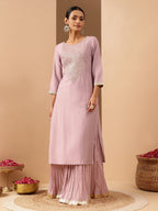 Janasya Women's Lavender Silk Blend Yoke Embroidered Straight Kurta