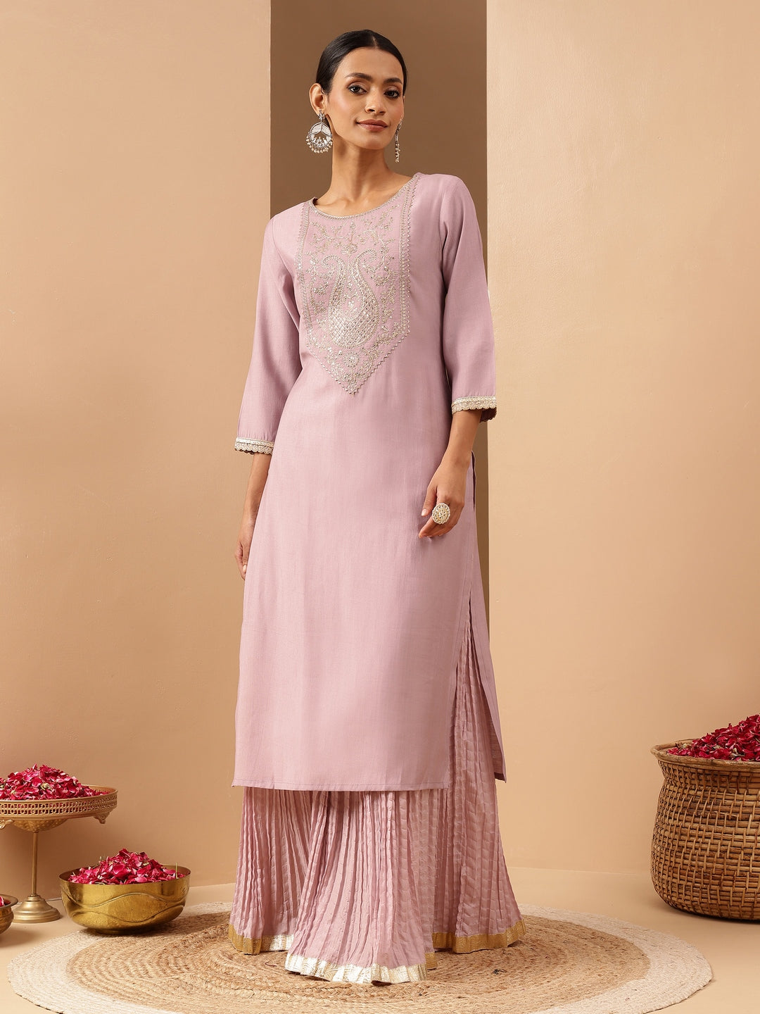 Janasya Women's Lavender Silk Blend Yoke Embroidered Straight Kurta