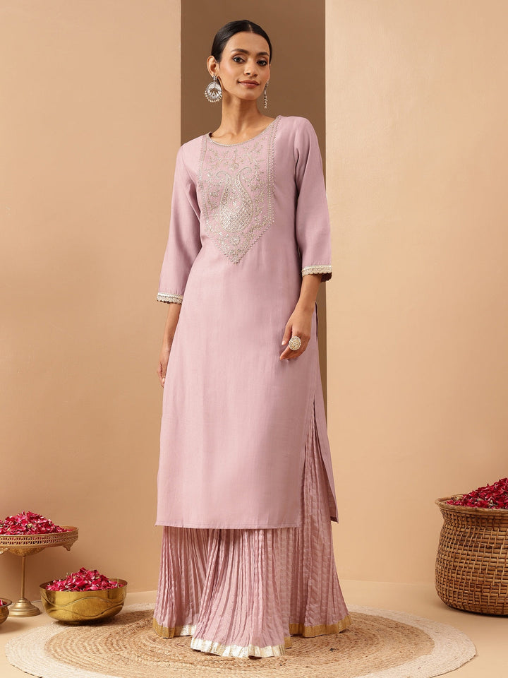 Janasya Women's Lavender Silk Blend Yoke Embroidered Straight Kurta - qivii