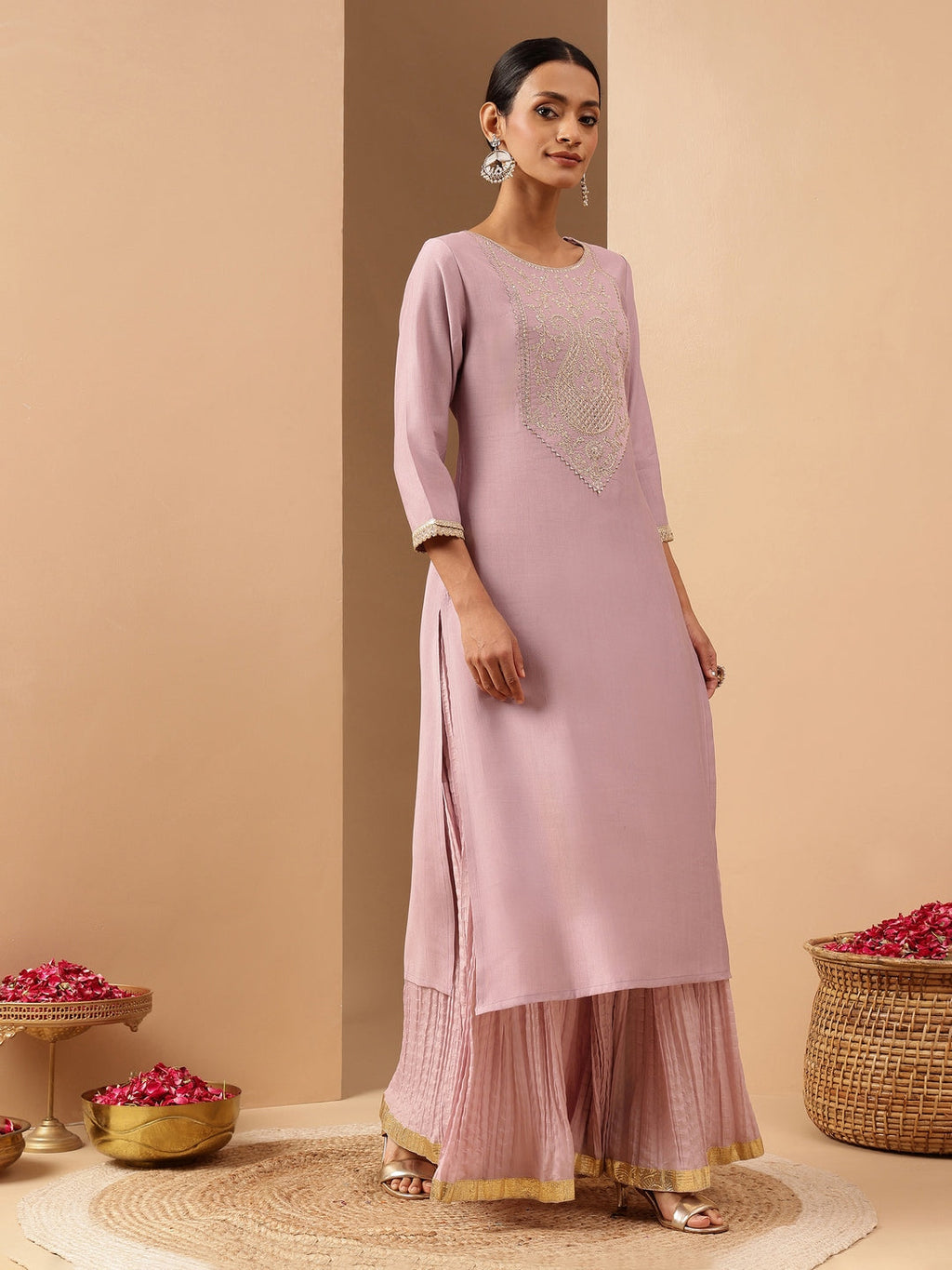 Janasya Women's Lavender Silk Blend Yoke Embroidered Straight Kurta