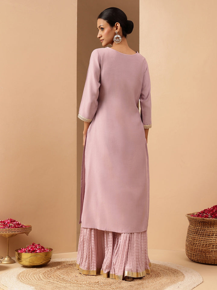 Janasya Women's Lavender Silk Blend Yoke Embroidered Straight Kurta - qivii