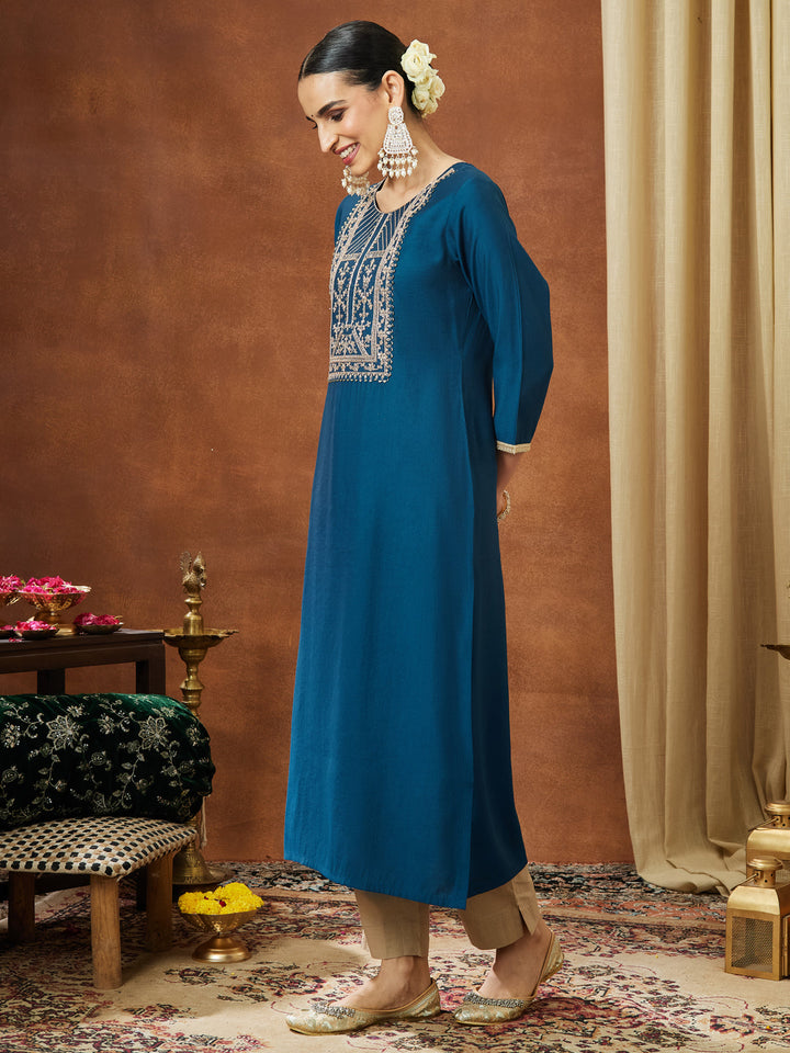 Janasya Women's Teal Blue Chanderi Silk Zari Yoke Embroidery Straight Kurta - qivii