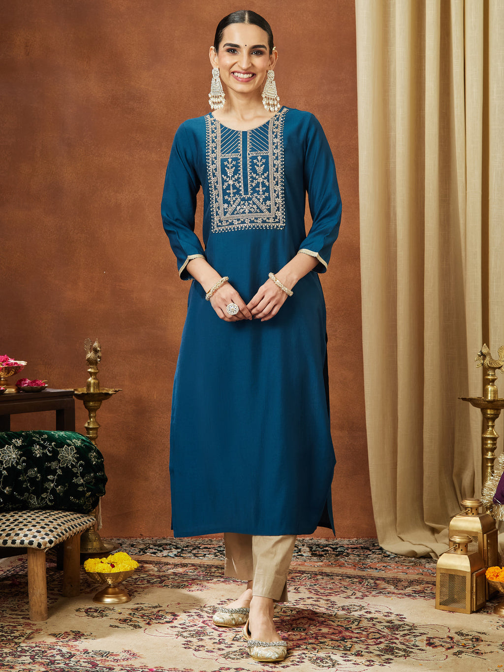 Janasya Women's Teal Blue Chanderi Silk Zari Yoke Embroidery Straight Kurta
