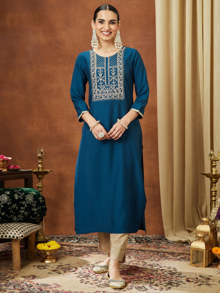 Janasya Women's Teal Blue Chanderi Silk Zari Yoke Embroidery Straight Kurta - qivii