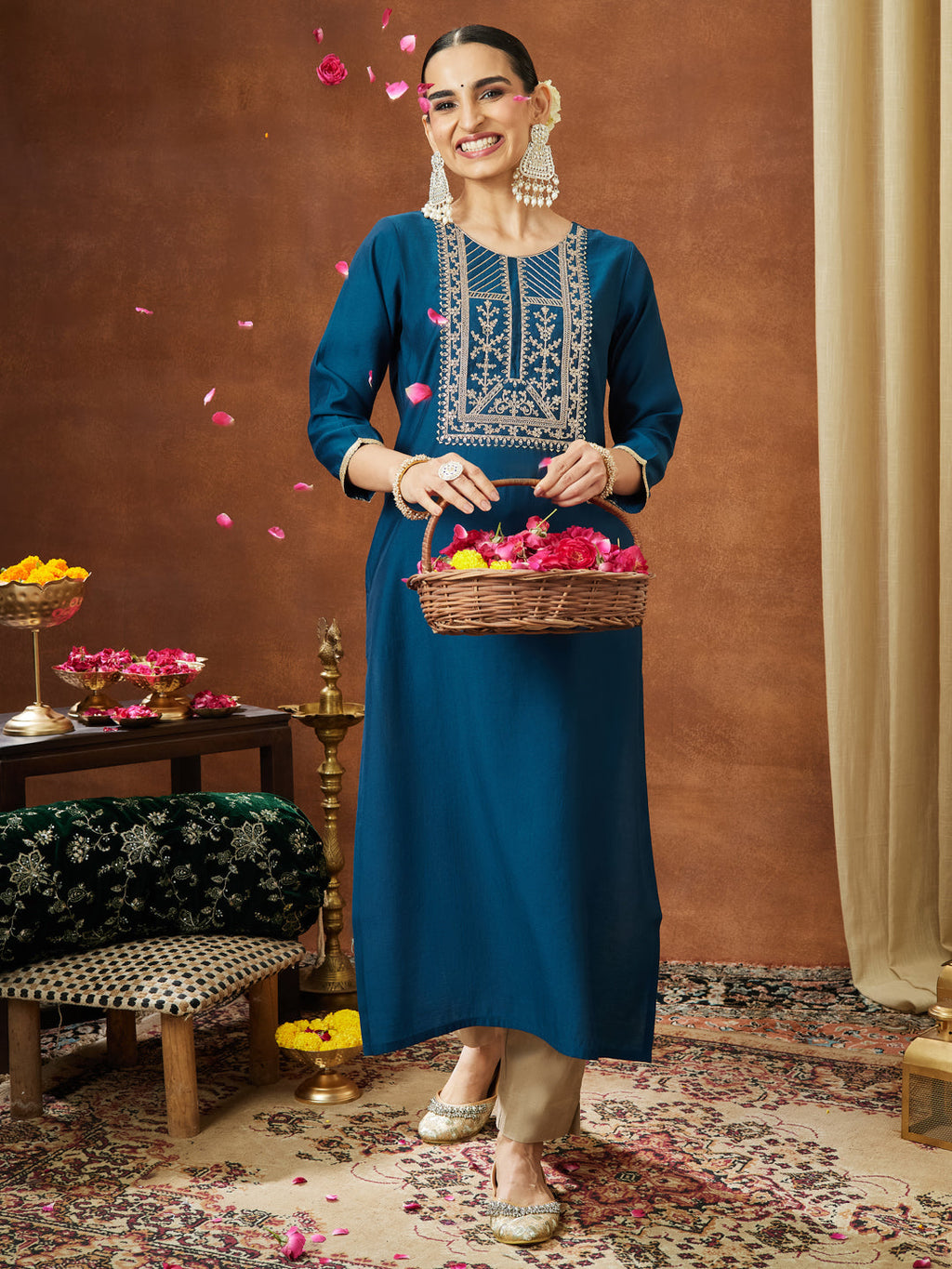 Janasya Women's Teal Blue Chanderi Silk Zari Yoke Embroidery Straight Kurta