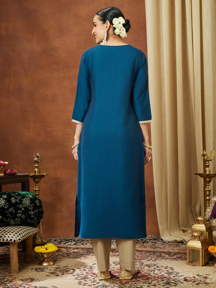 Janasya Women's Teal Blue Chanderi Silk Zari Yoke Embroidery Straight Kurta - qivii