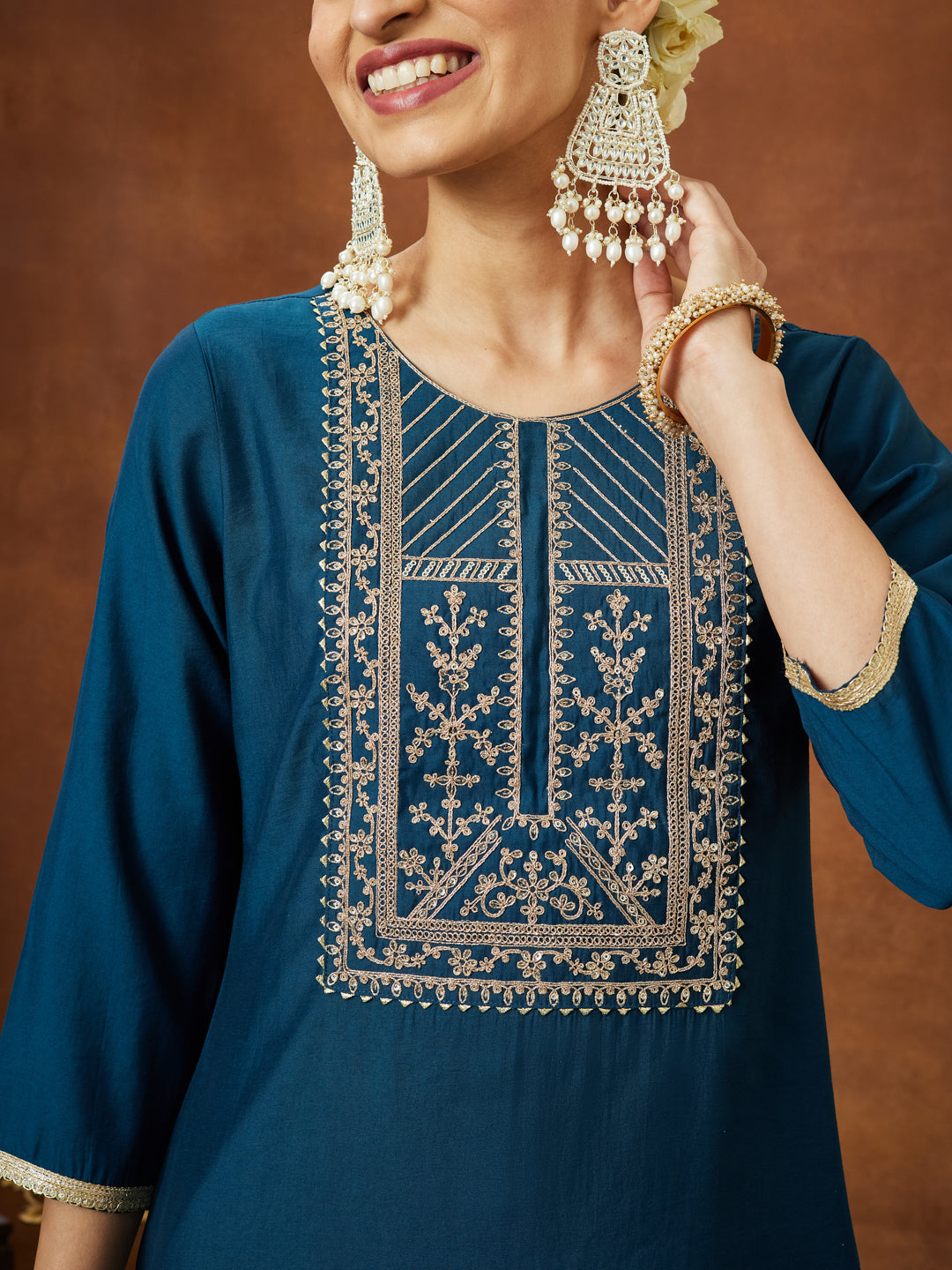 Janasya Women's Teal Blue Chanderi Silk Zari Yoke Embroidery Straight Kurta - qivii