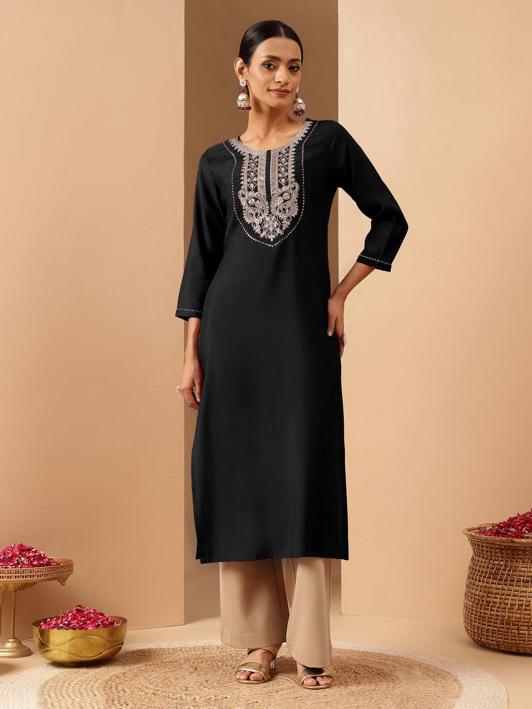 Janasya Women's Black Chanderi Silk Yoke Embroidered Straight Kurta - qivii