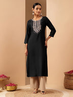 Janasya Women's Black Chanderi Silk Yoke Embroidered Straight Kurta