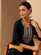Janasya Women's Black Chanderi Silk Yoke Embroidered Straight Kurta