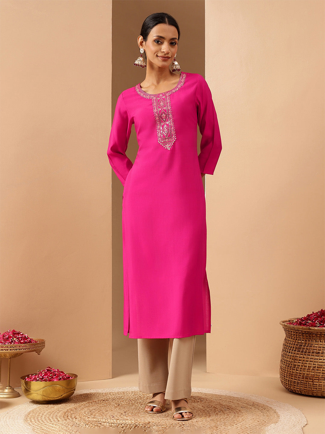 Janasya Women's Pink Chanderi Silk Yoke Embroidery Straight Kurta - qivii