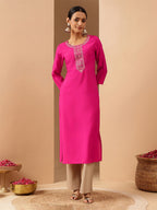 Janasya Women's Pink Chanderi Silk Yoke Embroidery Straight Kurta
