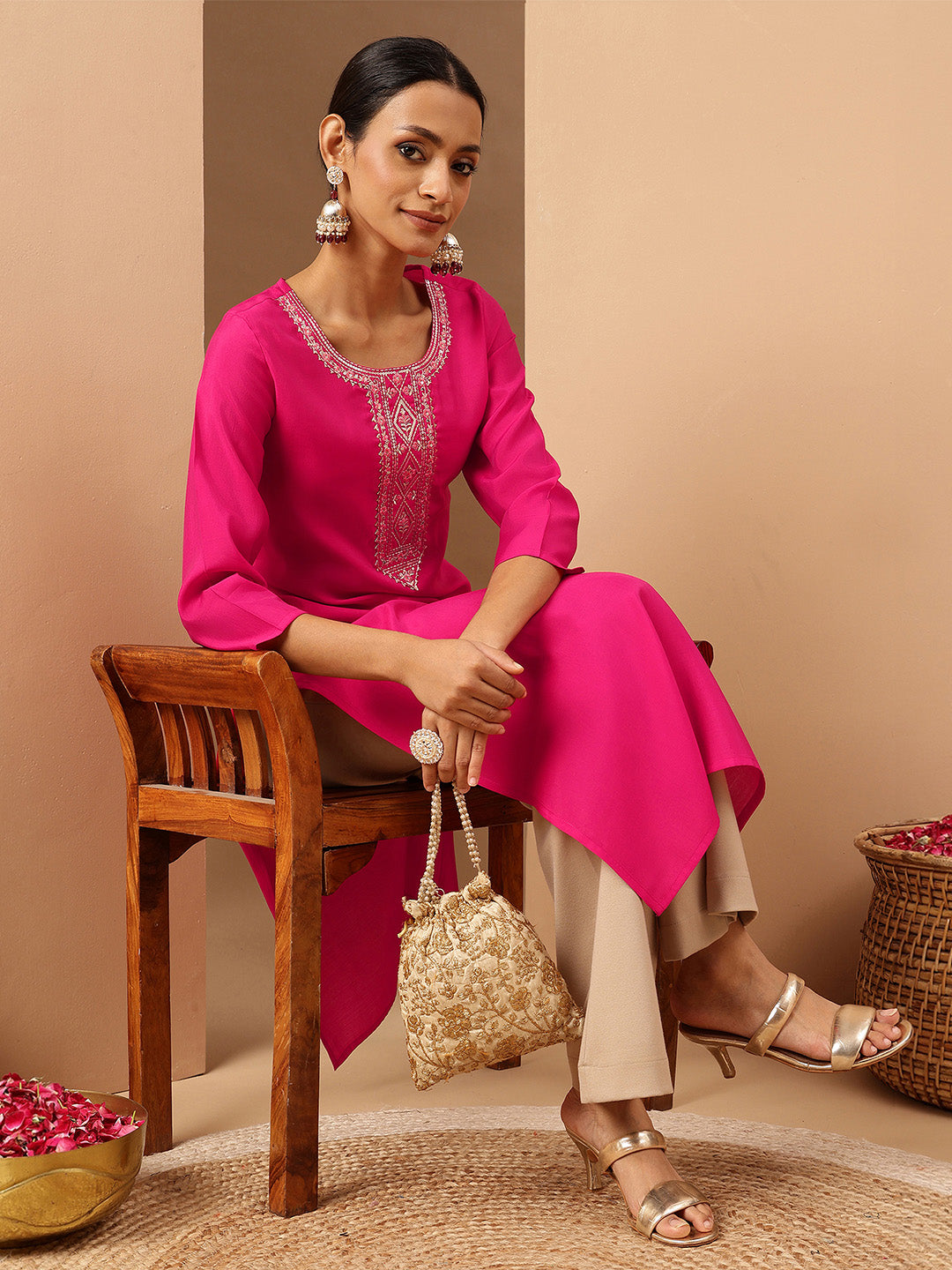 Janasya Women's Pink Chanderi Silk Yoke Embroidery Straight Kurta