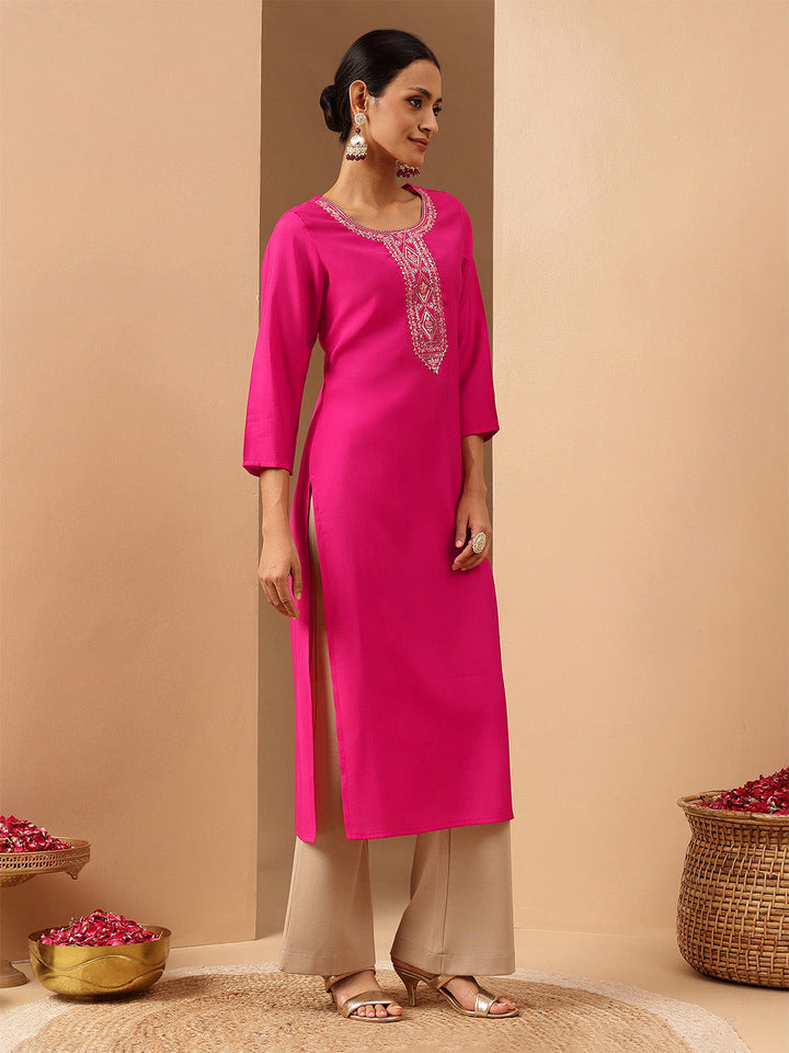 Janasya Women's Pink Chanderi Silk Yoke Embroidery Straight Kurta - qivii
