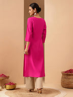 Janasya Women's Pink Chanderi Silk Yoke Embroidery Straight Kurta