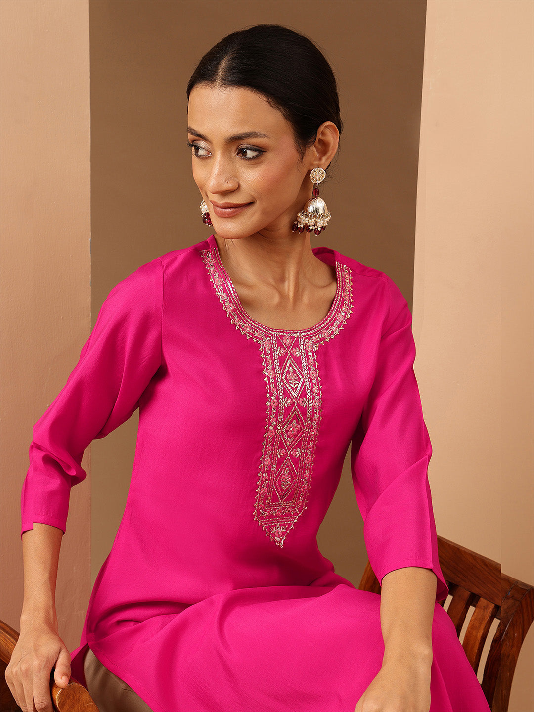 Janasya Women's Pink Chanderi Silk Yoke Embroidery Straight Kurta