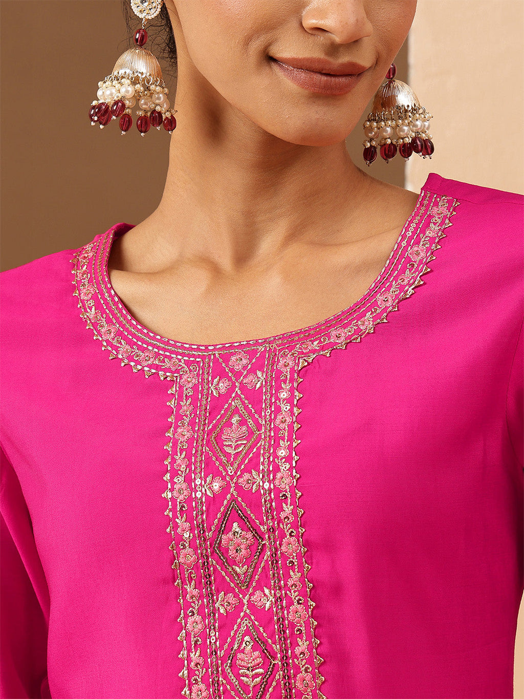 Janasya Women's Pink Chanderi Silk Yoke Embroidery Straight Kurta