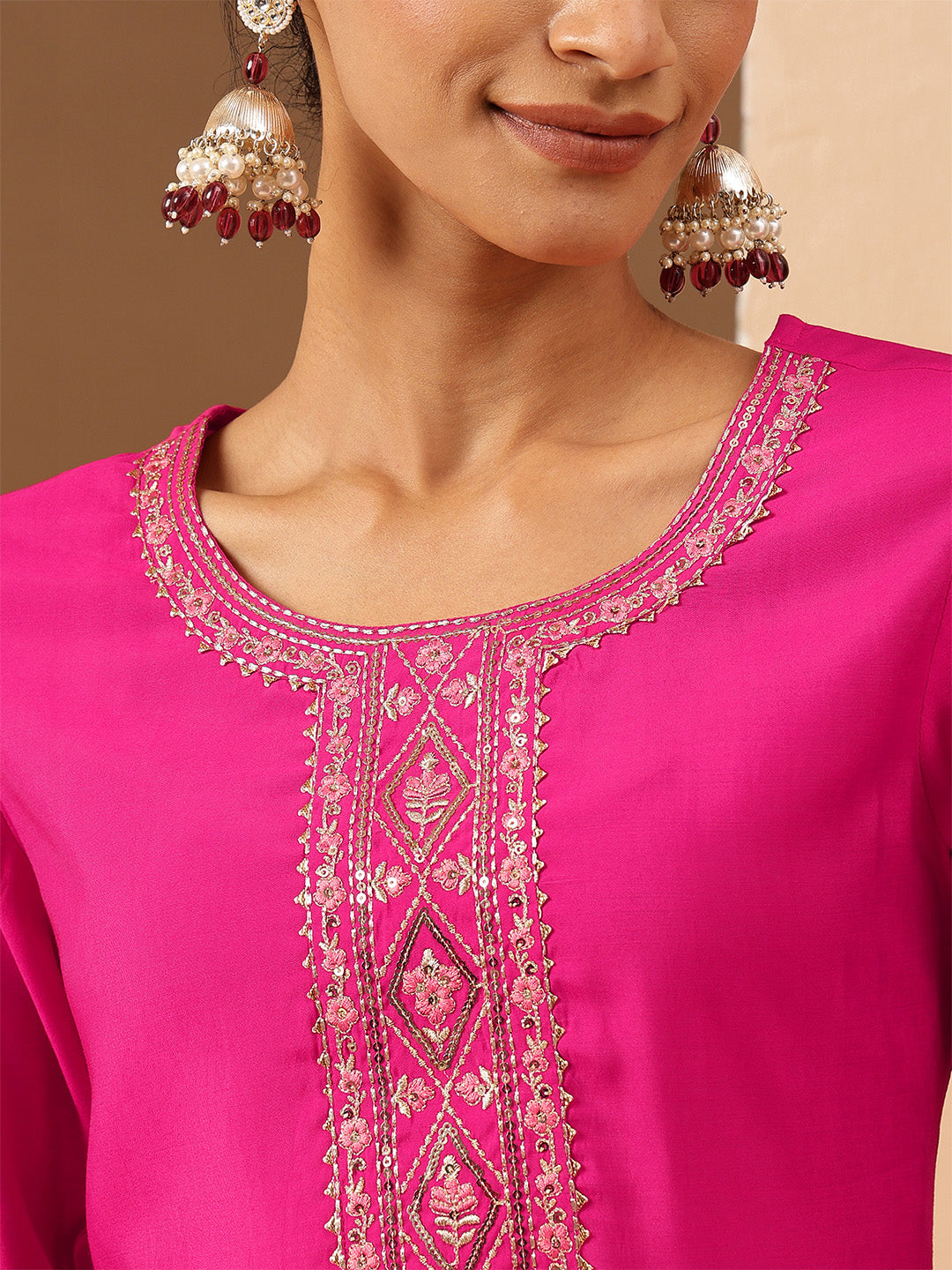 Janasya Women's Pink Chanderi Silk Yoke Embroidery Straight Kurta - qivii