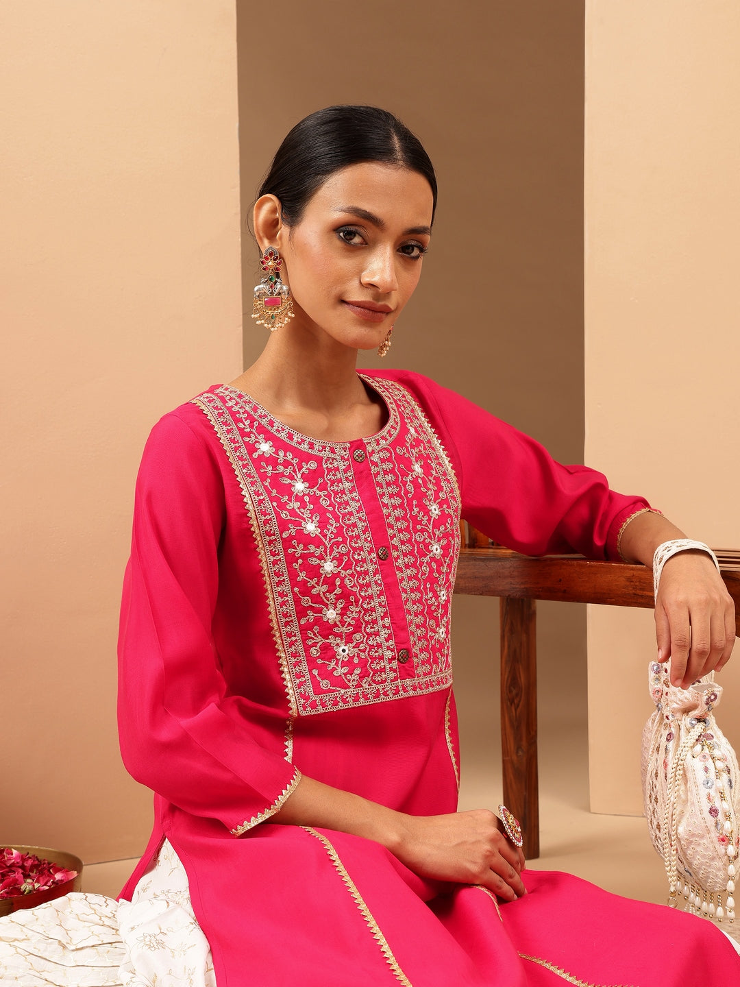 Janasya Women's Pink Chanderi Silk Zari Yoke Embroidered Straight Kurta