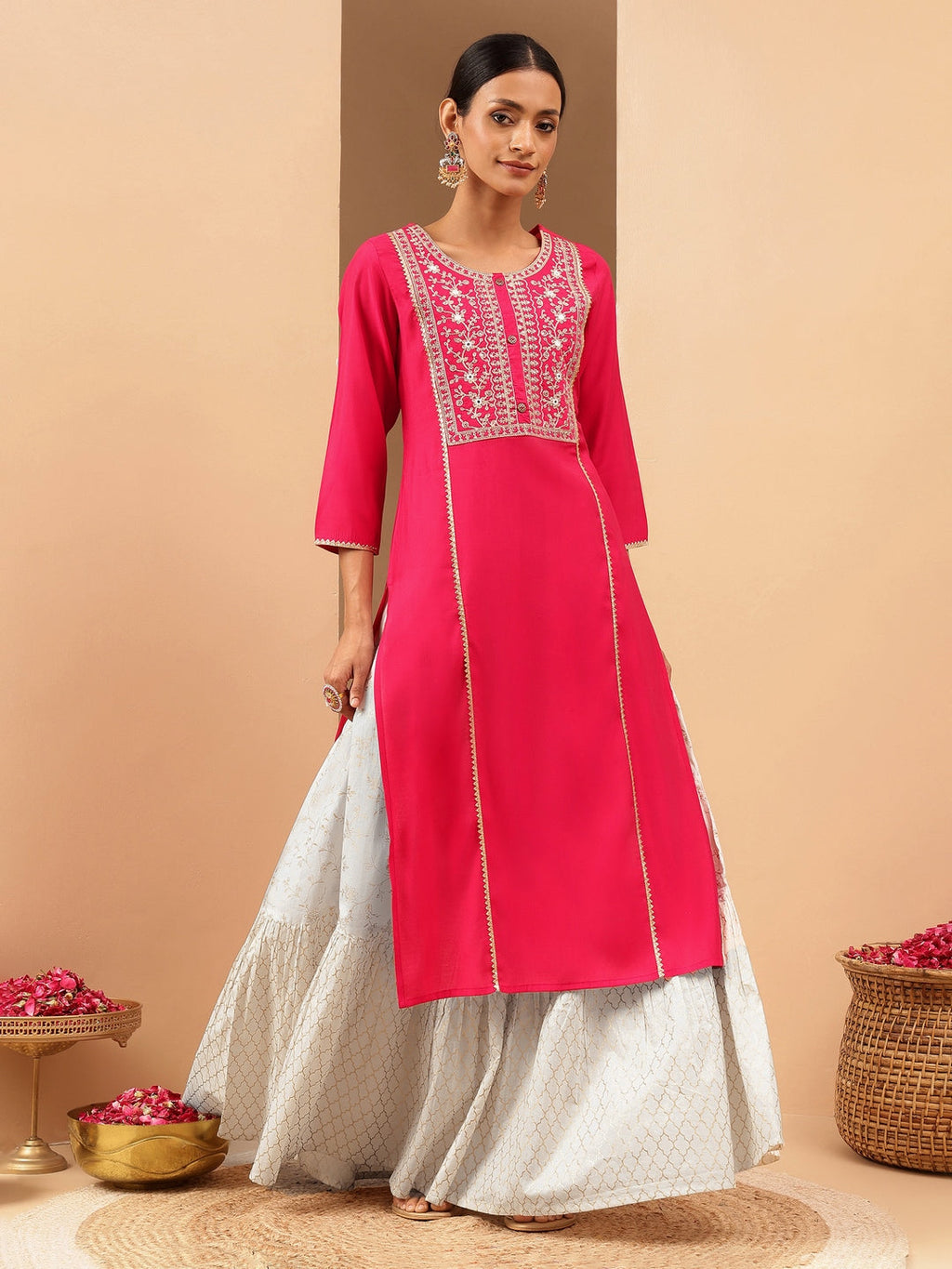 Janasya Women's Pink Chanderi Silk Zari Yoke Embroidered Straight Kurta