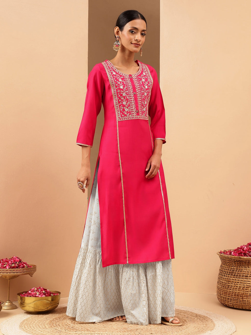 Janasya Women's Pink Chanderi Silk Zari Yoke Embroidered Straight Kurta