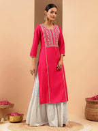 Janasya Women's Pink Chanderi Silk Zari Yoke Embroidered Straight Kurta