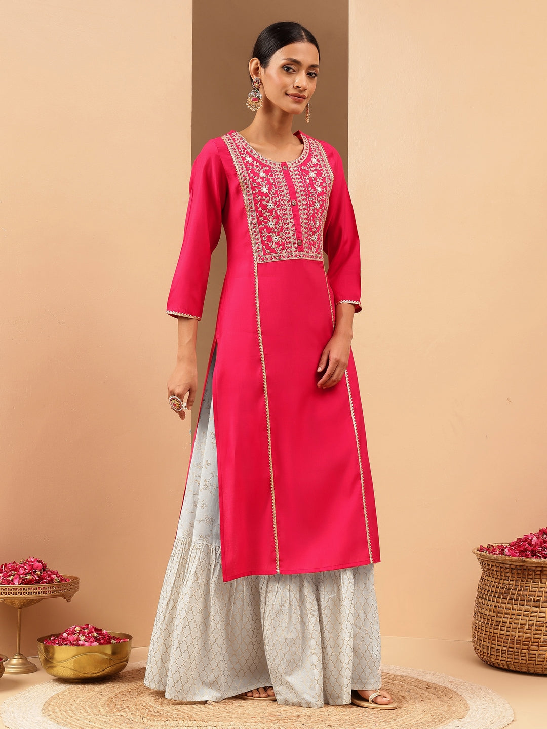 Janasya Women's Pink Chanderi Silk Zari Yoke Embroidered Straight Kurta