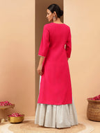 Janasya Women's Pink Chanderi Silk Zari Yoke Embroidered Straight Kurta