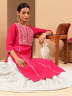 Janasya Women's Pink Chanderi Silk Zari Yoke Embroidered Straight Kurta