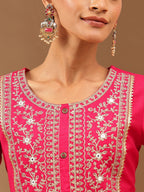 Janasya Women's Pink Chanderi Silk Zari Yoke Embroidered Straight Kurta