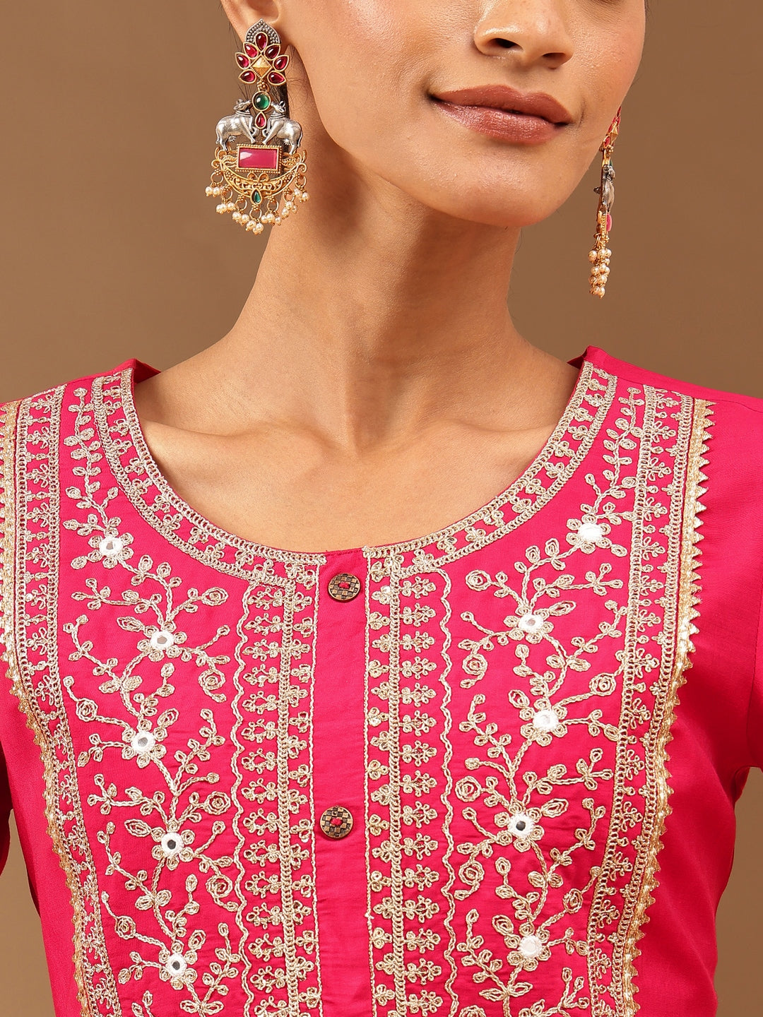 Janasya Women's Pink Chanderi Silk Zari Yoke Embroidered Straight Kurta