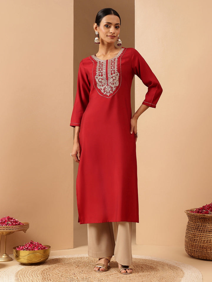 Janasya Women's Maroon Chanderi Silk Yoke Embroidered Straight Kurta. - qivii
