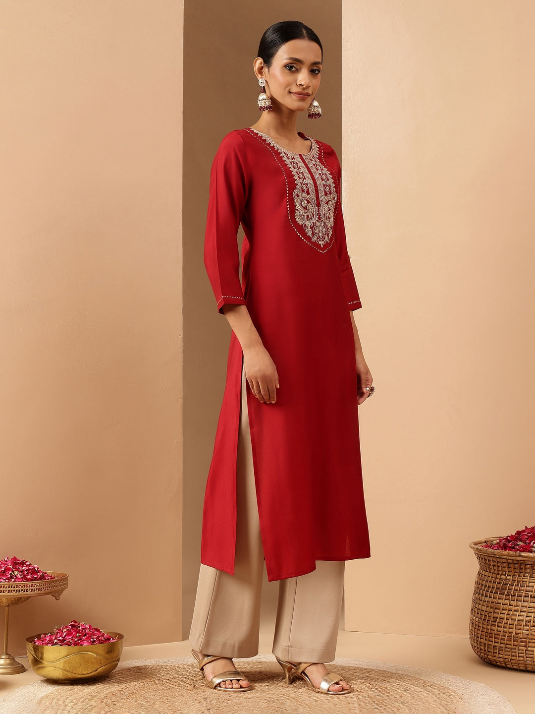 Janasya Women's Maroon Chanderi Silk Yoke Embroidered Straight Kurta. - qivii