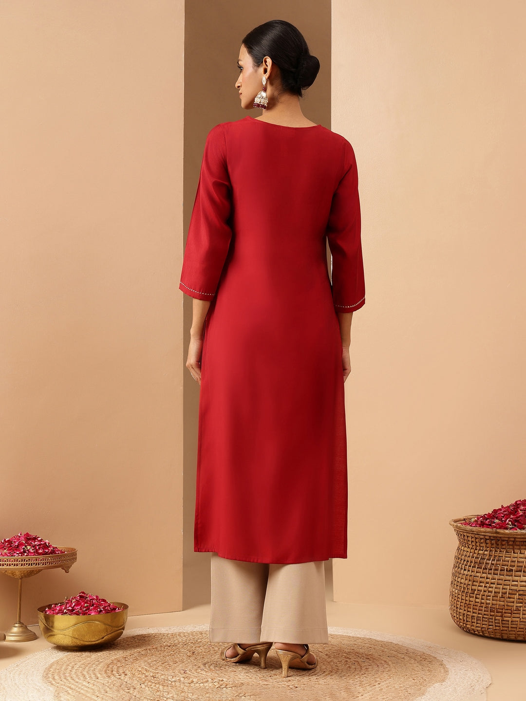 Janasya Women's Maroon Chanderi Silk Yoke Embroidered Straight Kurta. - qivii