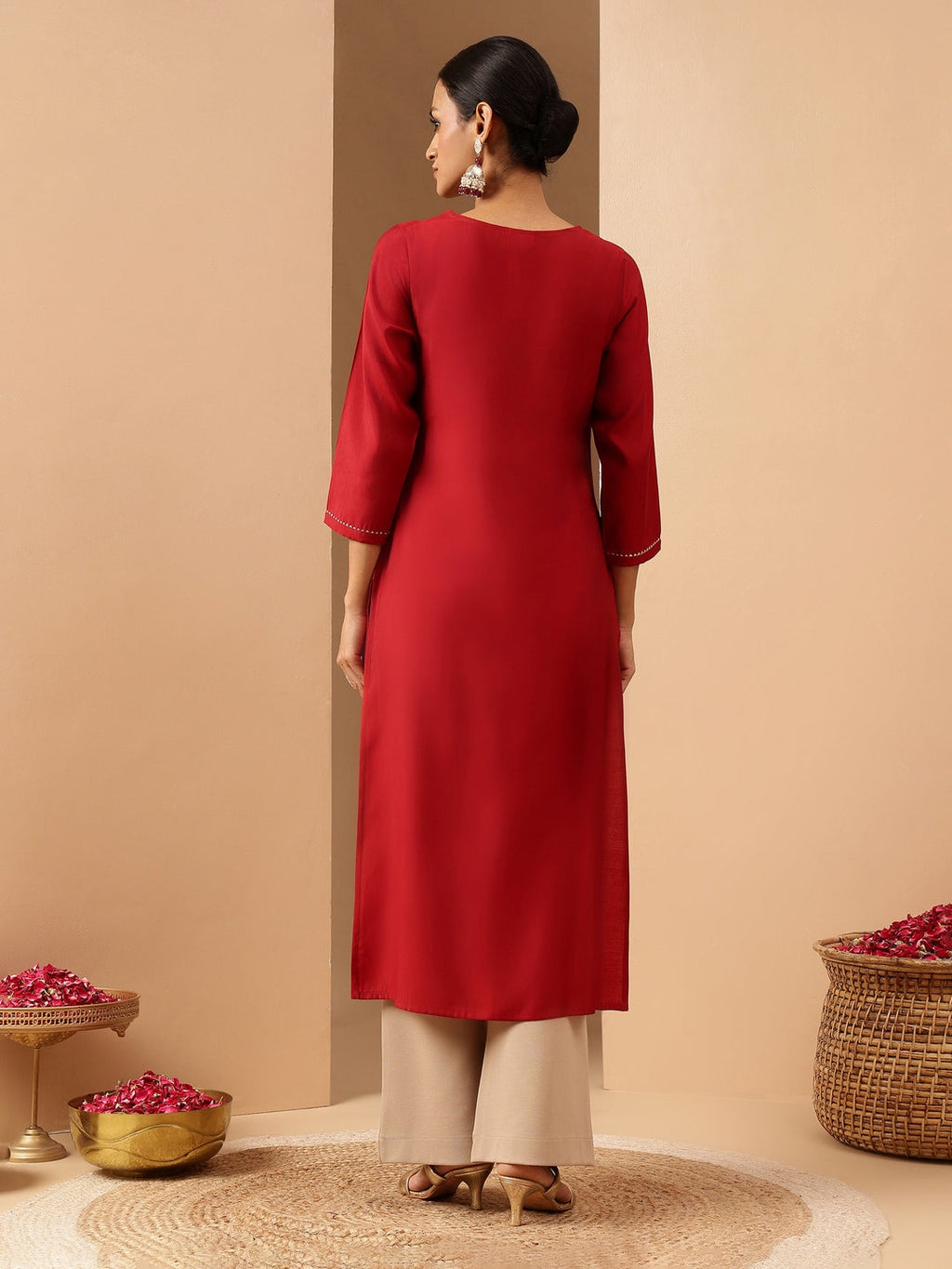 Janasya Women's Maroon Chanderi Silk Yoke Embroidered Straight Kurta.