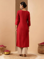 Janasya Women's Maroon Chanderi Silk Yoke Embroidered Straight Kurta.